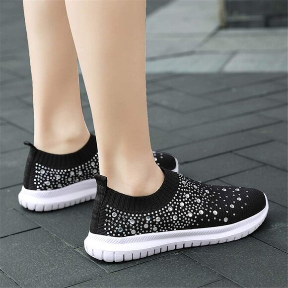 Women's Mesh Walking Shoes Rhinestone Glitter Slip On Ballroom Sneakers Black - Picture 6 of 6